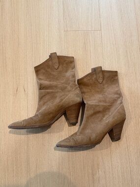 Aquazzura Tan Suede Pointed Western Ankle Boots